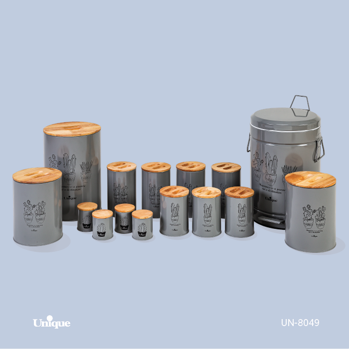 سرویس آشپزخانه یونیک 15 پارچه کد UN-8049 (طرح طوسی کاکتوس - درب بامبو)