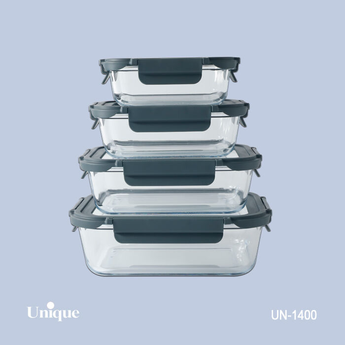 ظرف غذای 4 سایز مستطیلی یونیک کد UN-1400 ( جنس بدنه بلور+درب پلاستیکی قفل دار )(خارجی)