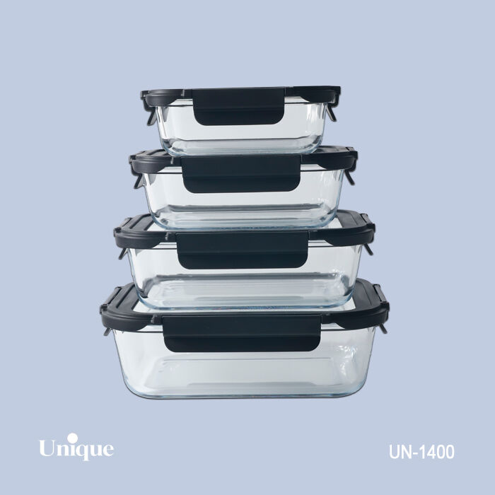 ظرف غذای 4 سایز مستطیلی یونیک کد UN-1400 ( جنس بدنه بلور+درب پلاستیکی قفل دار )(خارجی) — تصویر ۳