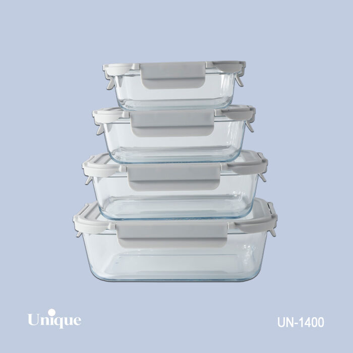 ظرف غذای 4 سایز مستطیلی یونیک کد UN-1400 ( جنس بدنه بلور+درب پلاستیکی قفل دار )(خارجی) — تصویر ۲
