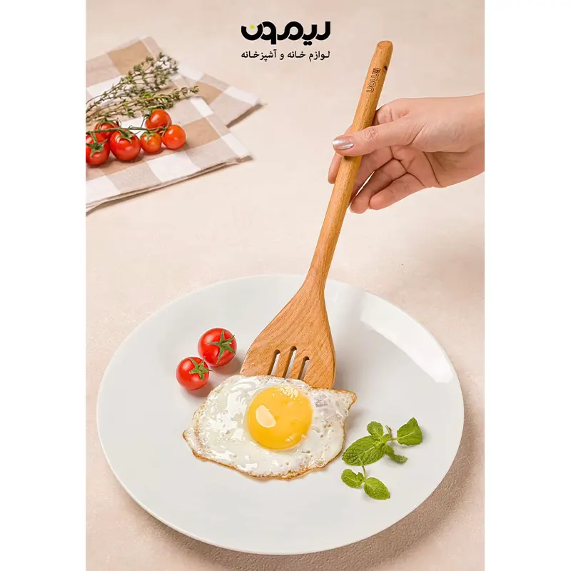 کفگیر تخت شیار دار چوبی لیمون — تصویر ۲