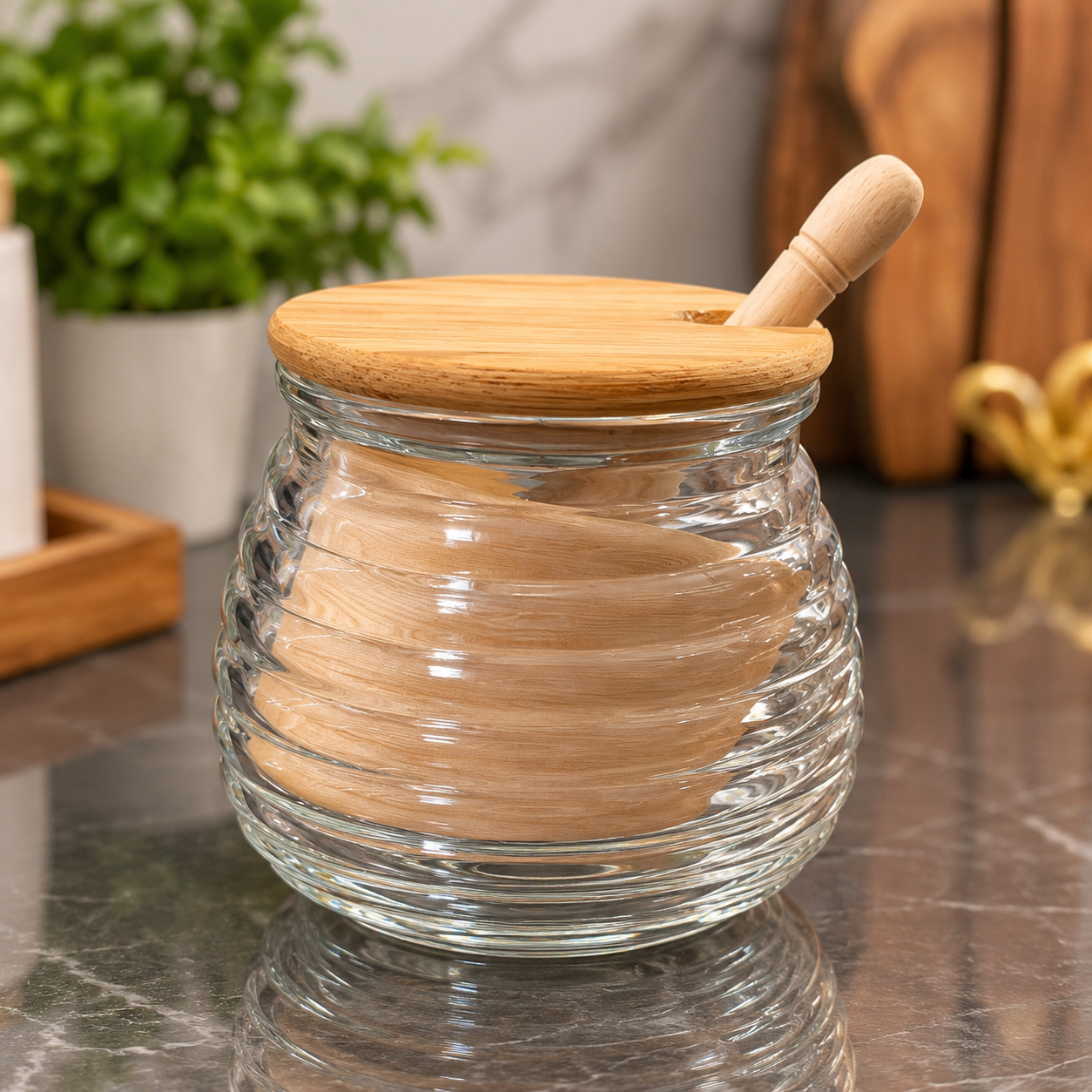 جا عسلی(ظرف عسل) قاشق دار پیرکس درب چوبی — تصویر ۲