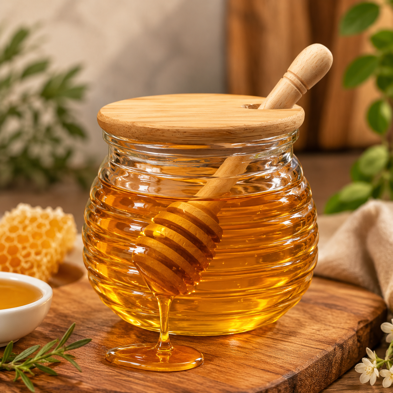 جا عسلی(ظرف عسل) قاشق دار پیرکس درب چوبی