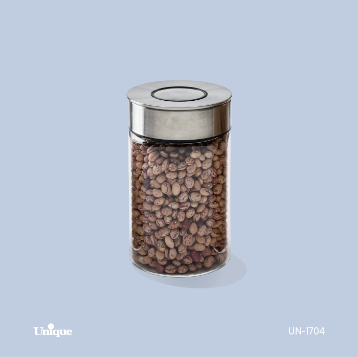 بانکه پیرکس درب استیل یونیک کد UN-1704 (درب پمپی وکیومی - ارتفاع 15cm - حبوبات)