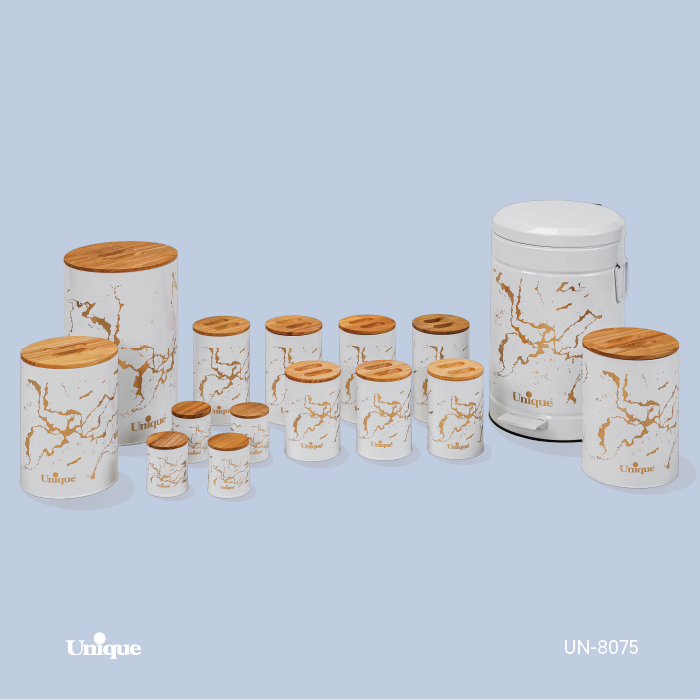 سرویس آشپزخانه یونیک 15 پارچه کد UN-8075 (طرح سفید مابل - درب بامبو)