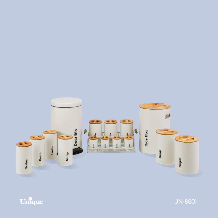 سرویس آشپزخانه یونیک 16 پارچه کد Un-8001 (مدل سنباده ای نباتی - درب چوبی)