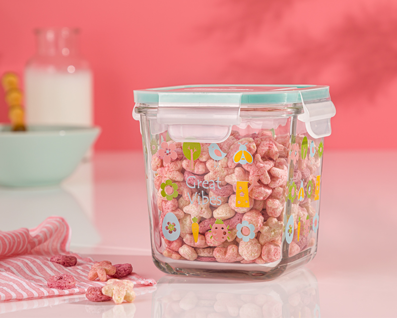ظرف شیشه ای مربع چاپدار دربدار 860 میلی لیتر — تصویر ۳