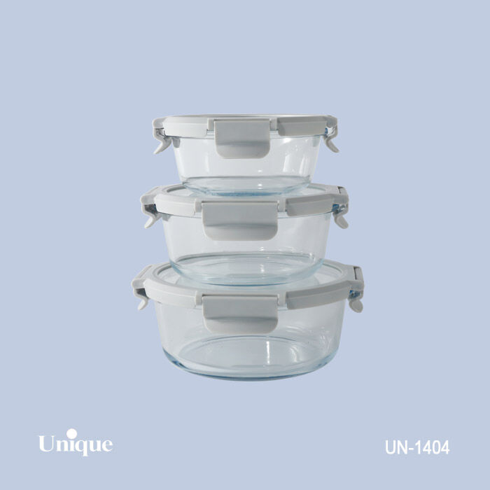 ظرف غذای 3 سایز گرد یونیک کد UN-1404 ( جنس بدنه بلور+درب پلاستیکی قفل دار )(خارجی) — تصویر ۲