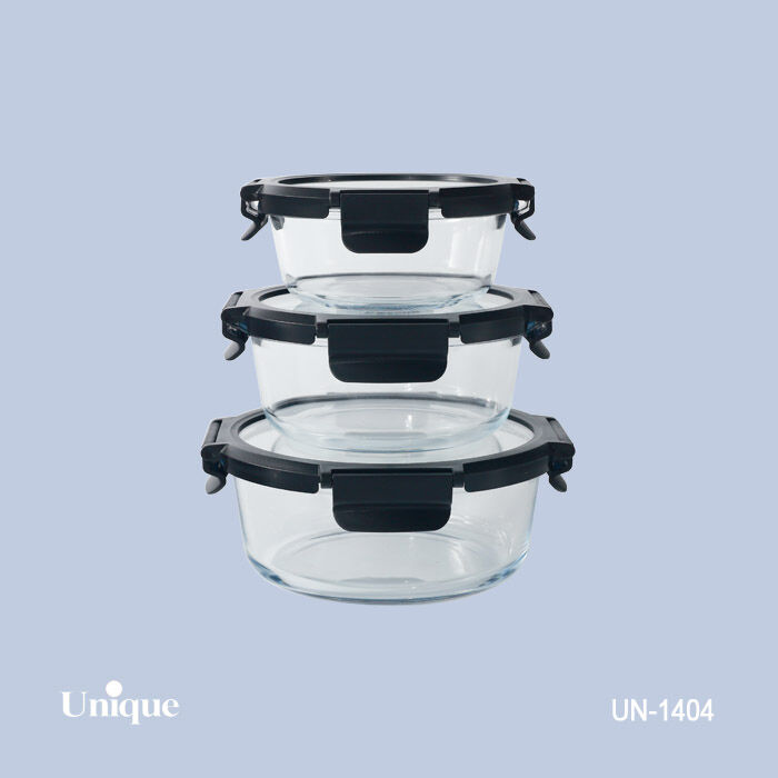 ظرف غذای 3 سایز گرد یونیک کد UN-1404 ( جنس بدنه بلور+درب پلاستیکی قفل دار )(خارجی) — تصویر ۳