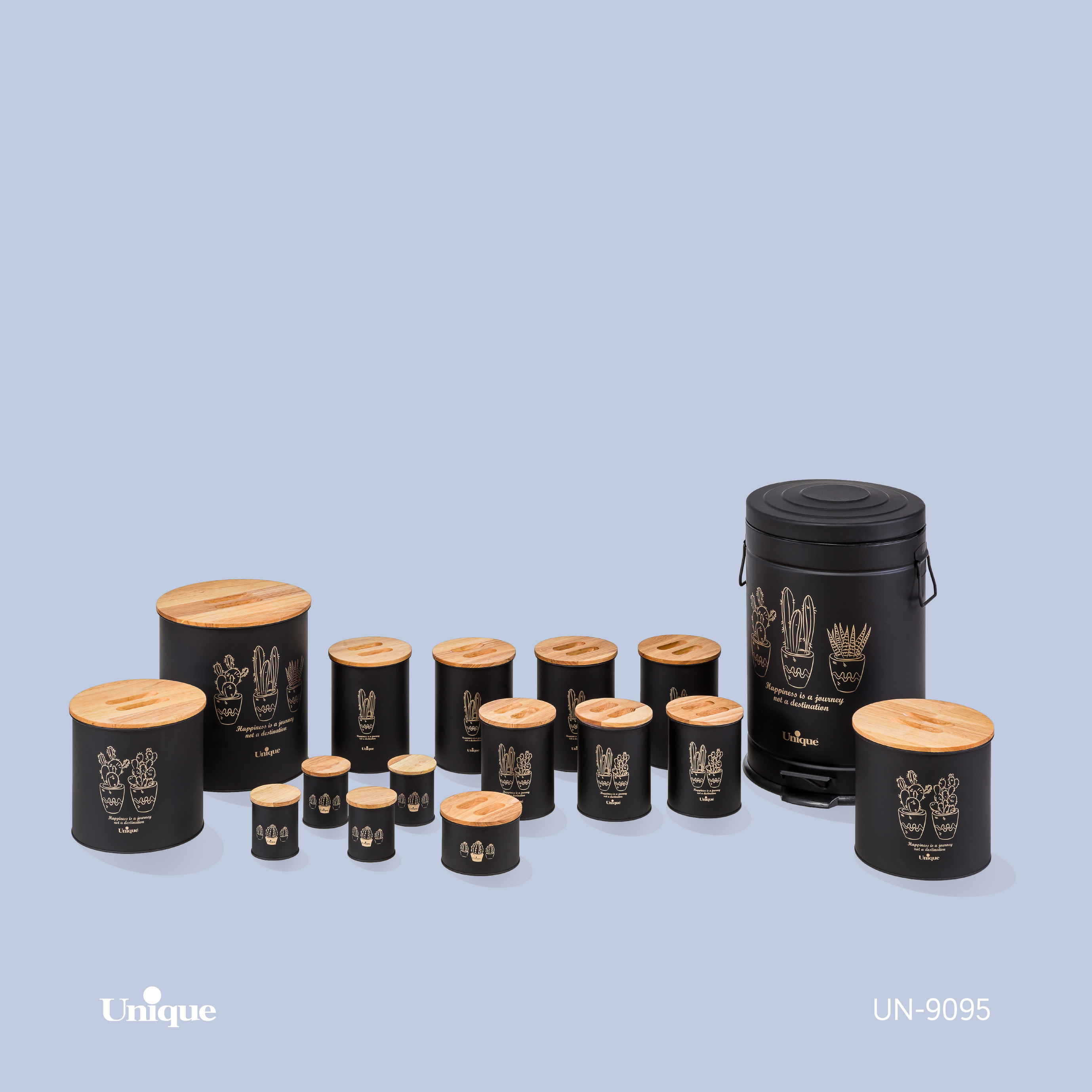 سرویس آشپزخانه یونیک 16 پارچه کد UN-9095 (مدل الیزابت طرح مشکی کاکتوس طلایی- درب بامبو)